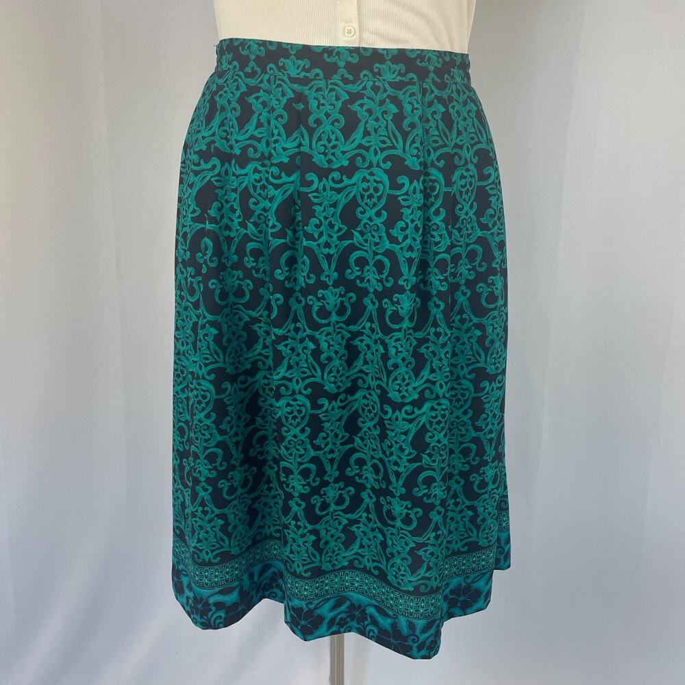 Vintage Pleated Skirt Plus Size 1X Navy Teal Brocade Midi A Line Office 90s